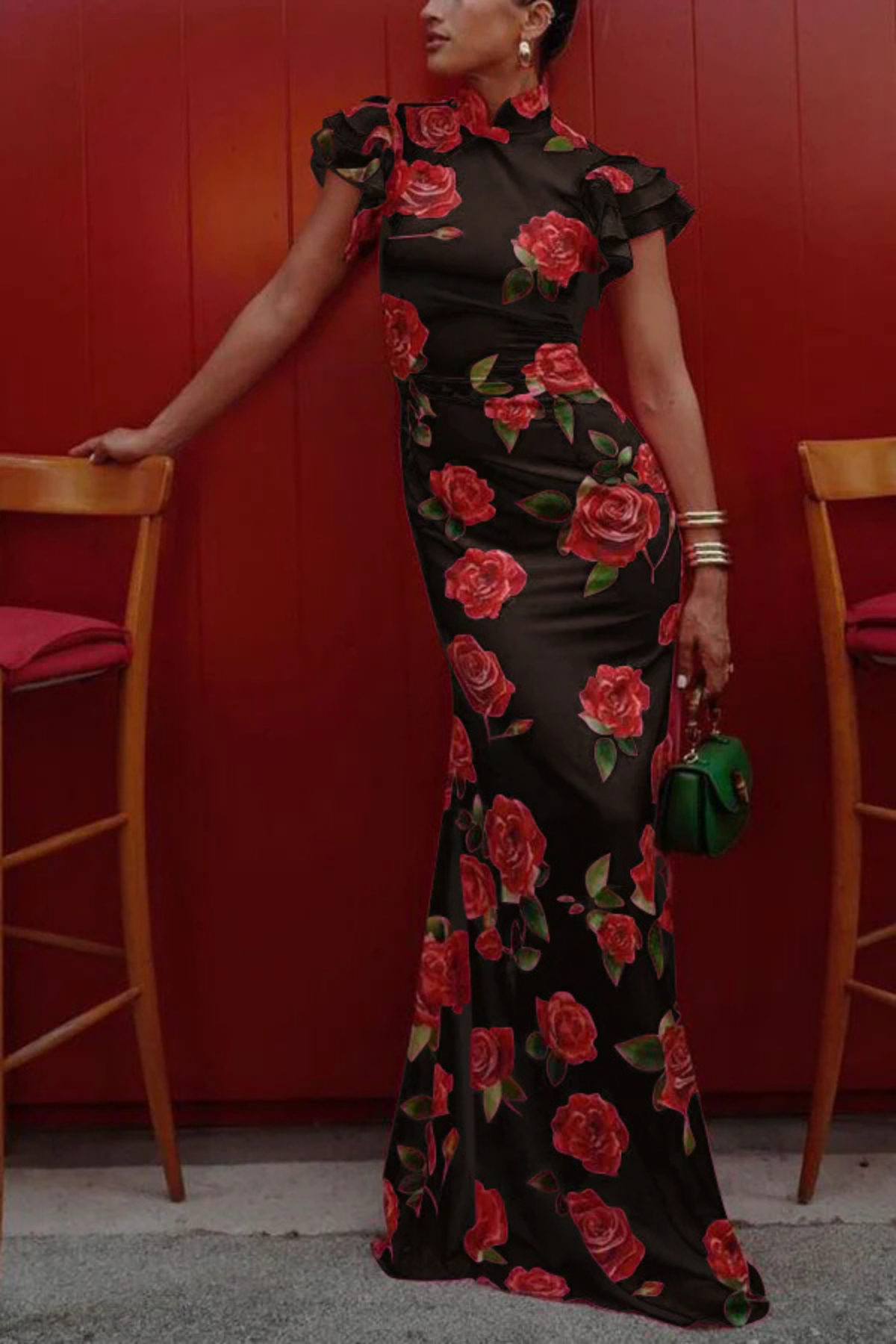 Ravennora – Floral ruffle – High-neck maxi dress