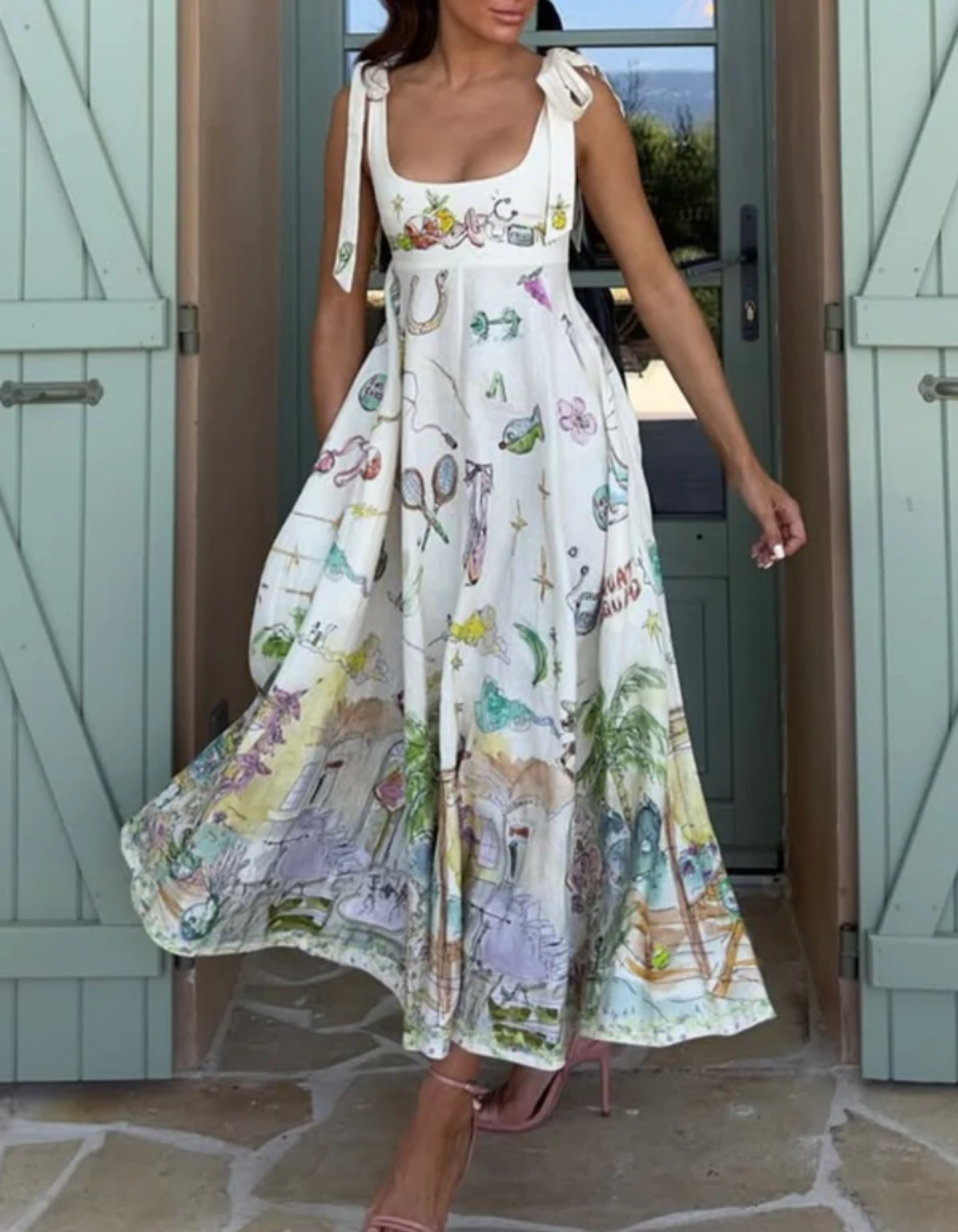 Rivieraise – Illustrated charm – Tie strap midi dress