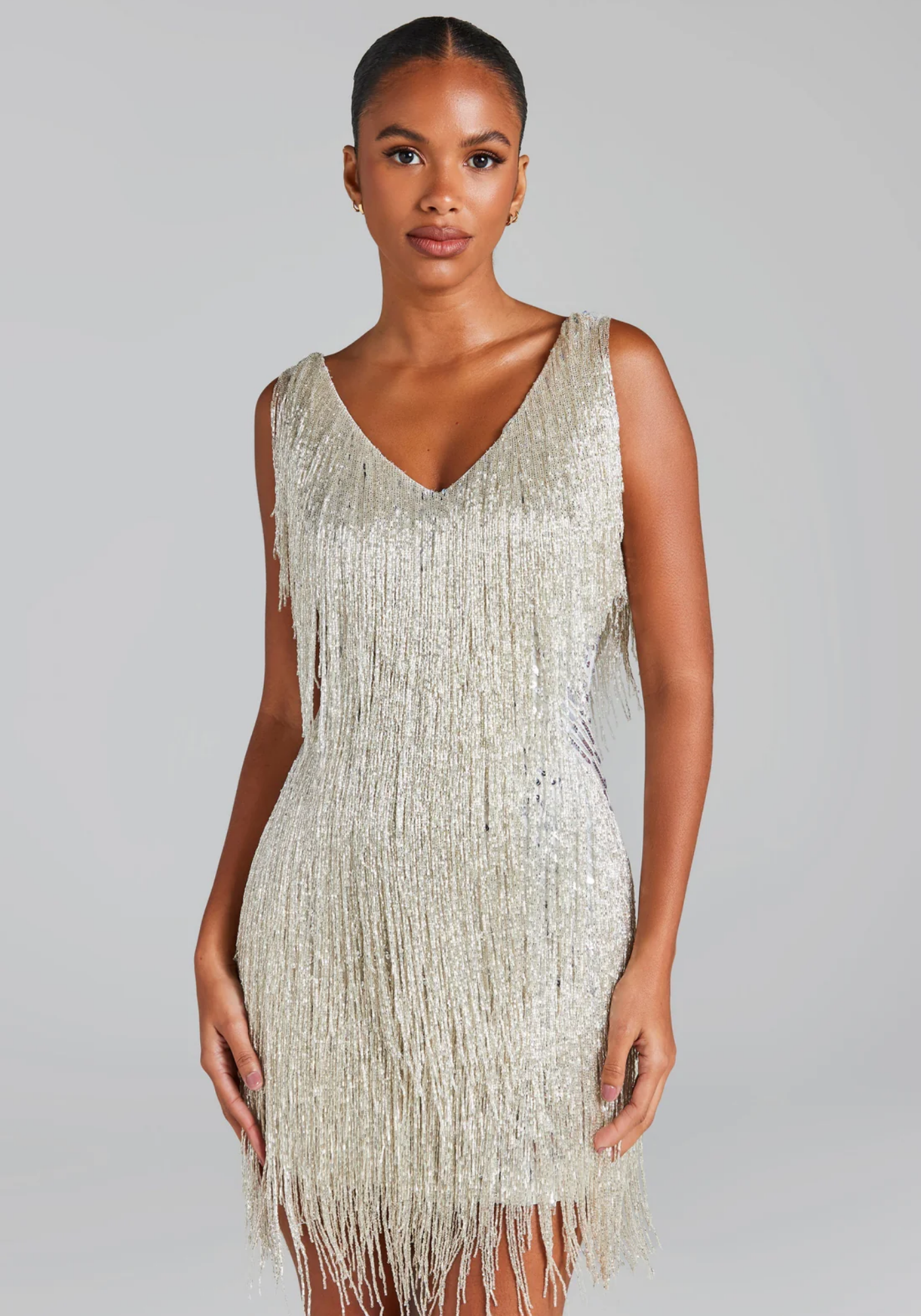 Frangelia – Fringe embellished design – V-neck mini dress
