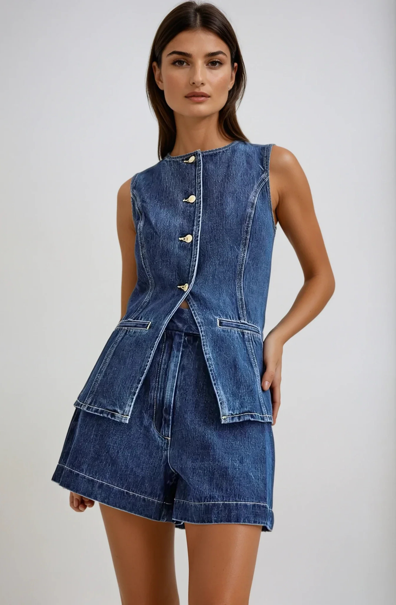 Lila – Button-Detail Denim Set – Top and Shorts
