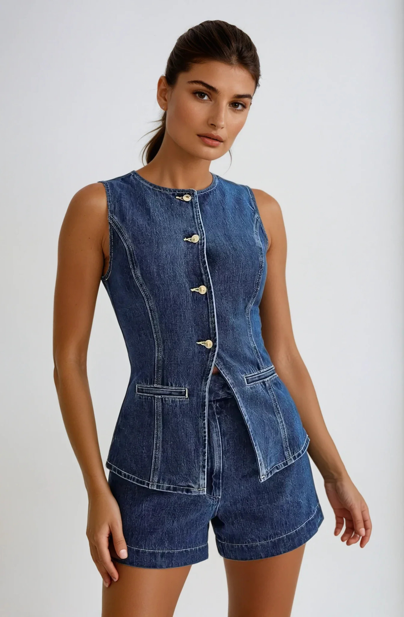 Lila – Button-Detail Denim Set – Top and Shorts