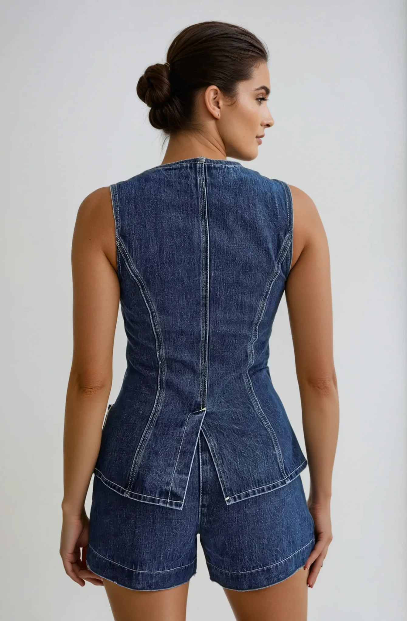 Lila – Button-Detail Denim Set – Top and Shorts