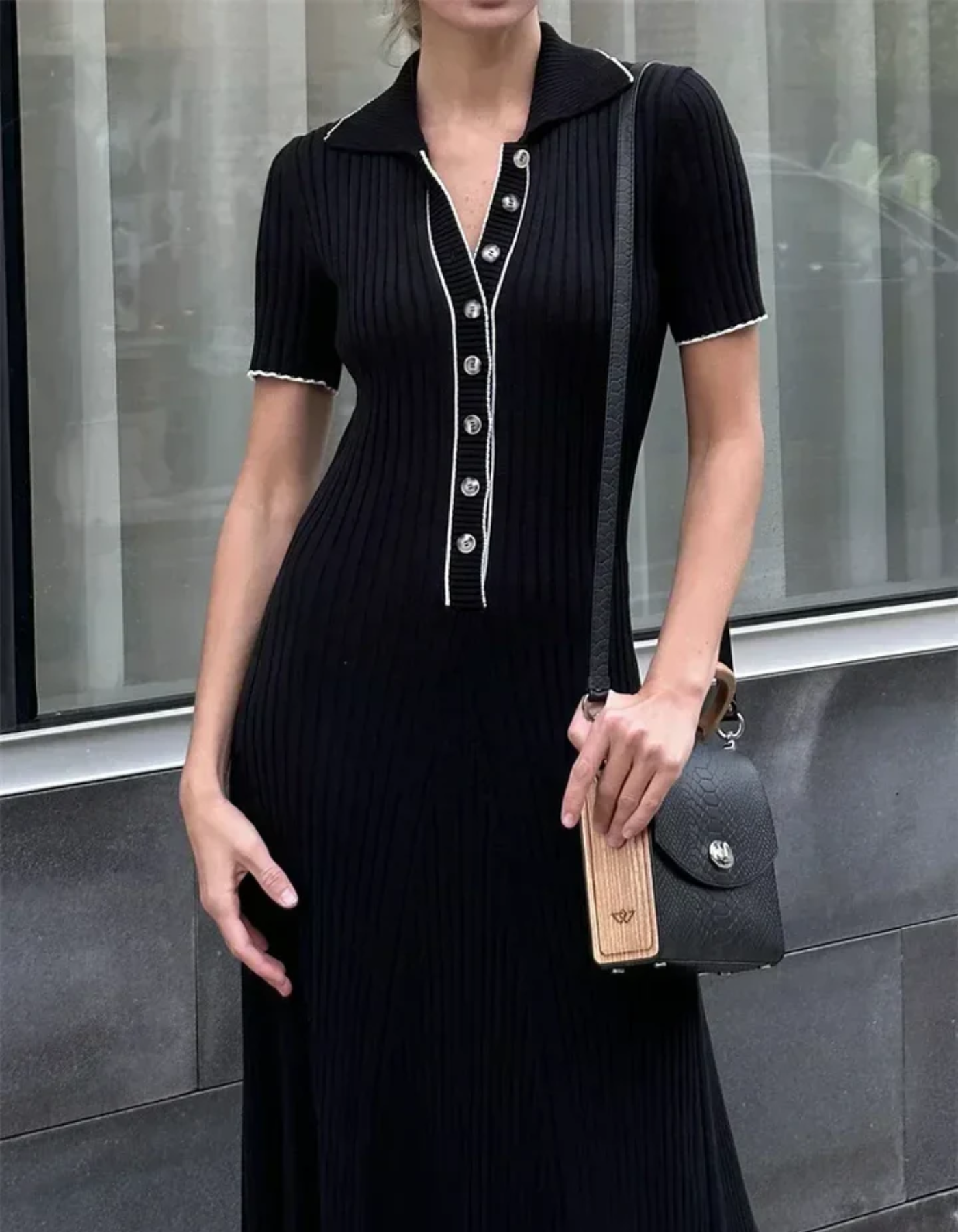 Sofia – Ribbed Knit Polo Dress – Short Sleeve Dress