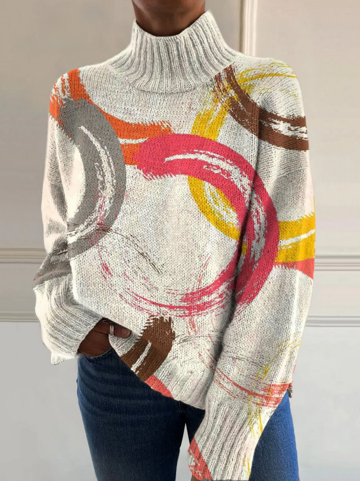 Althea - Vintage Color Block Hand Drawn Circle Art Print Knit Turtleneck Pullover Sweater