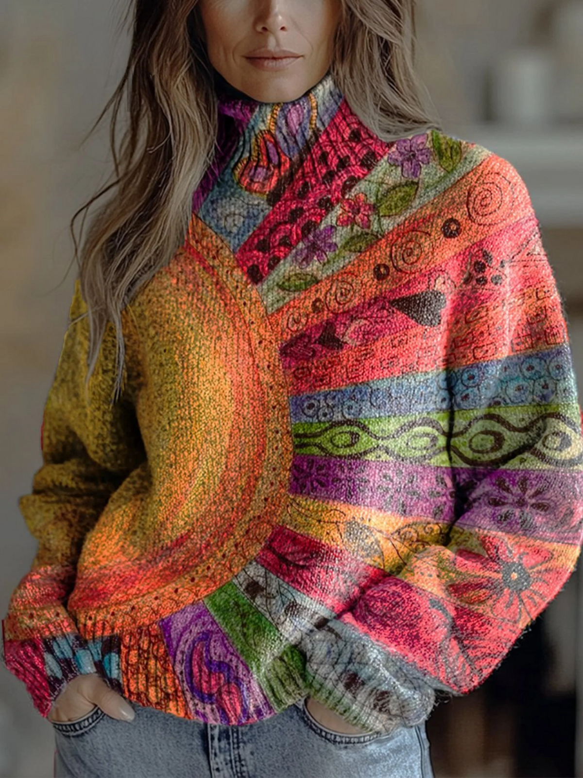 Ariane - Vintage Panelled Sunburst Pattern Print Knit Turtleneck Pullover Sweater
