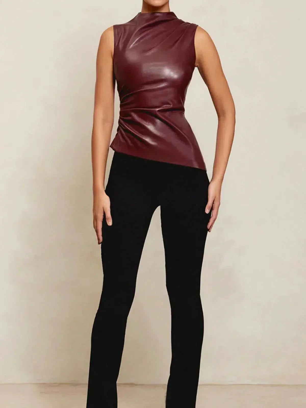 Arietta – Asymmetrical hemline – Faux leather top-10174842470727-Ivory Ombre