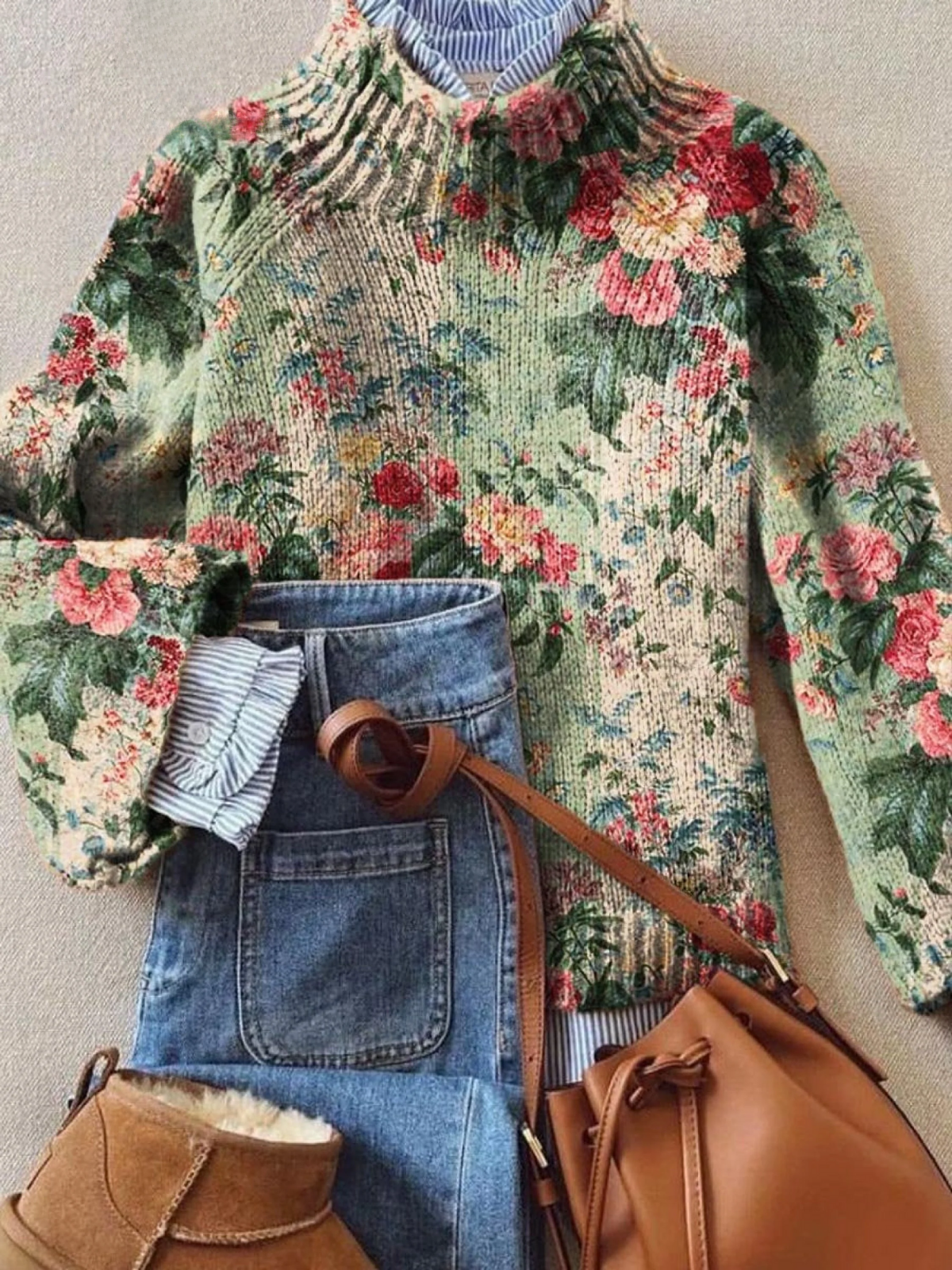 Belinda - Women's Vintage Lovely Floral Art Print Knit Turtleneck Pullover Sweater