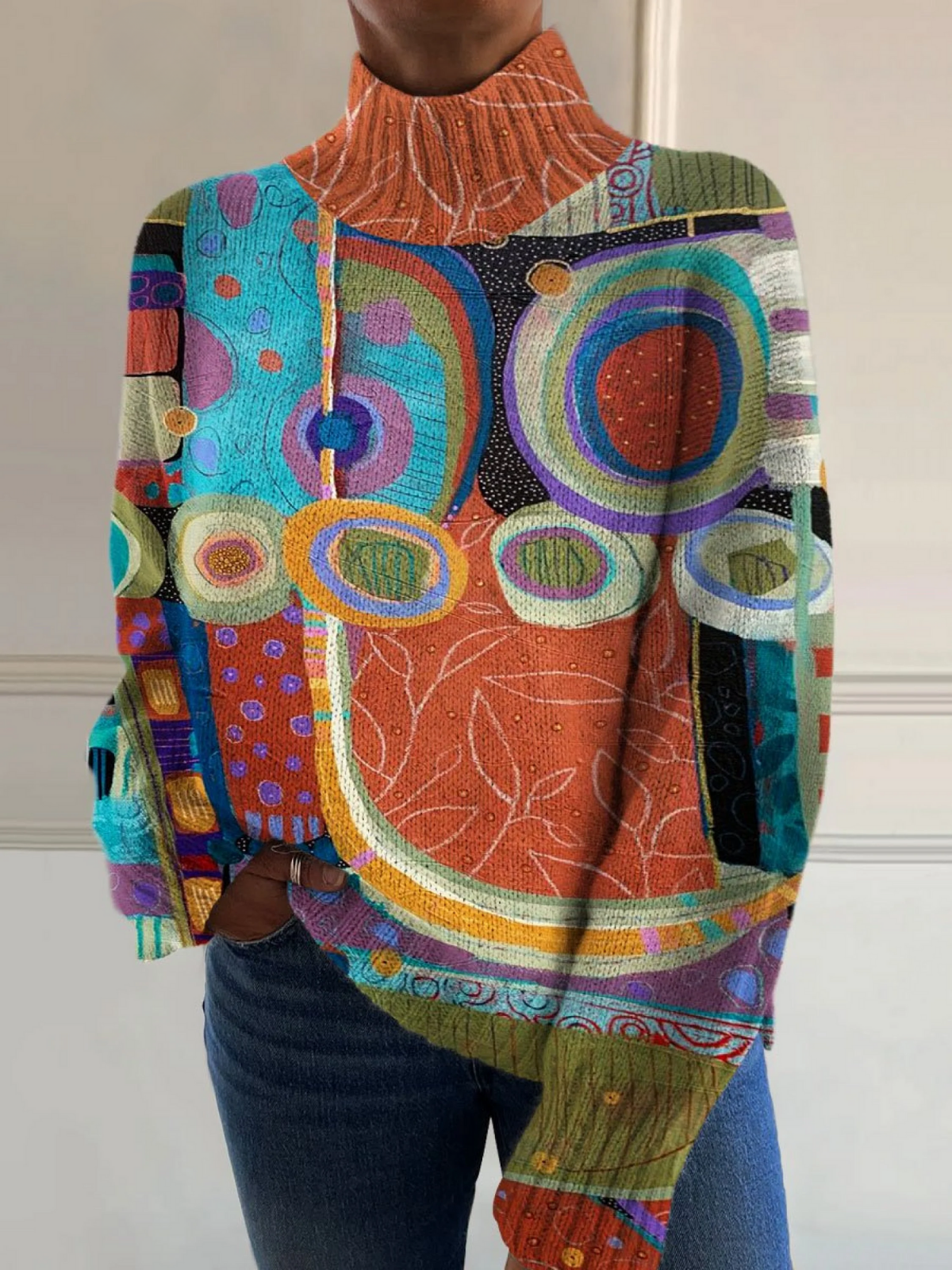 Bianca - Vintage Abstract Tropical Botanical Art Print Knit Turtleneck Pullover Sweater