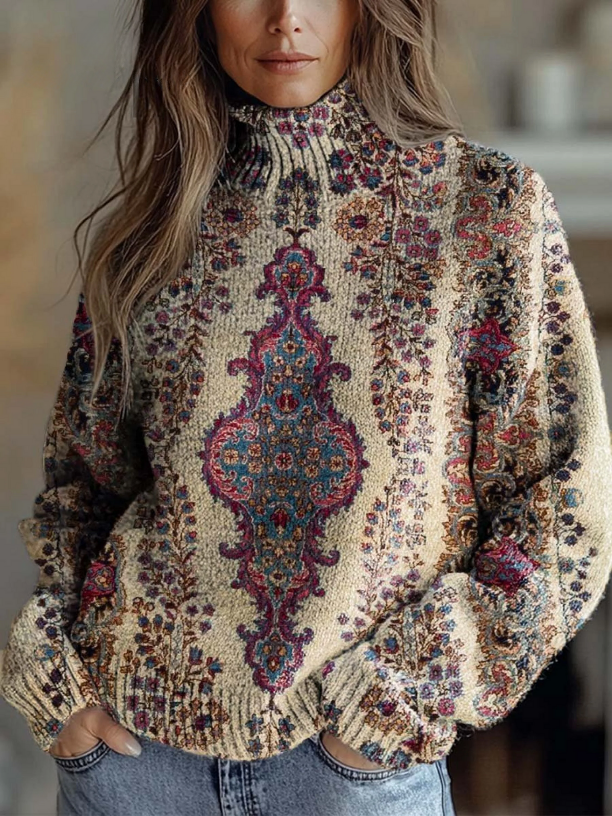 Blair - Women's Vintage Lovely Floral Art Print Knit Turtleneck Pullover Sweater
