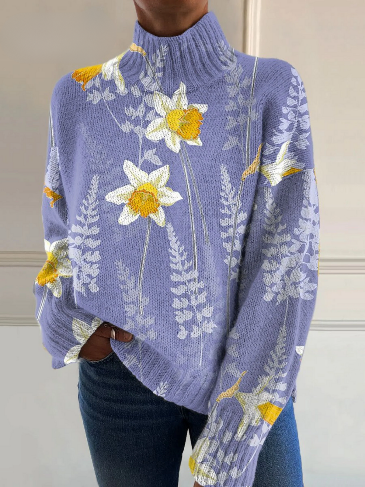 Calista - Pastel Floral Art Print Knit Turtleneck Pullover Sweater