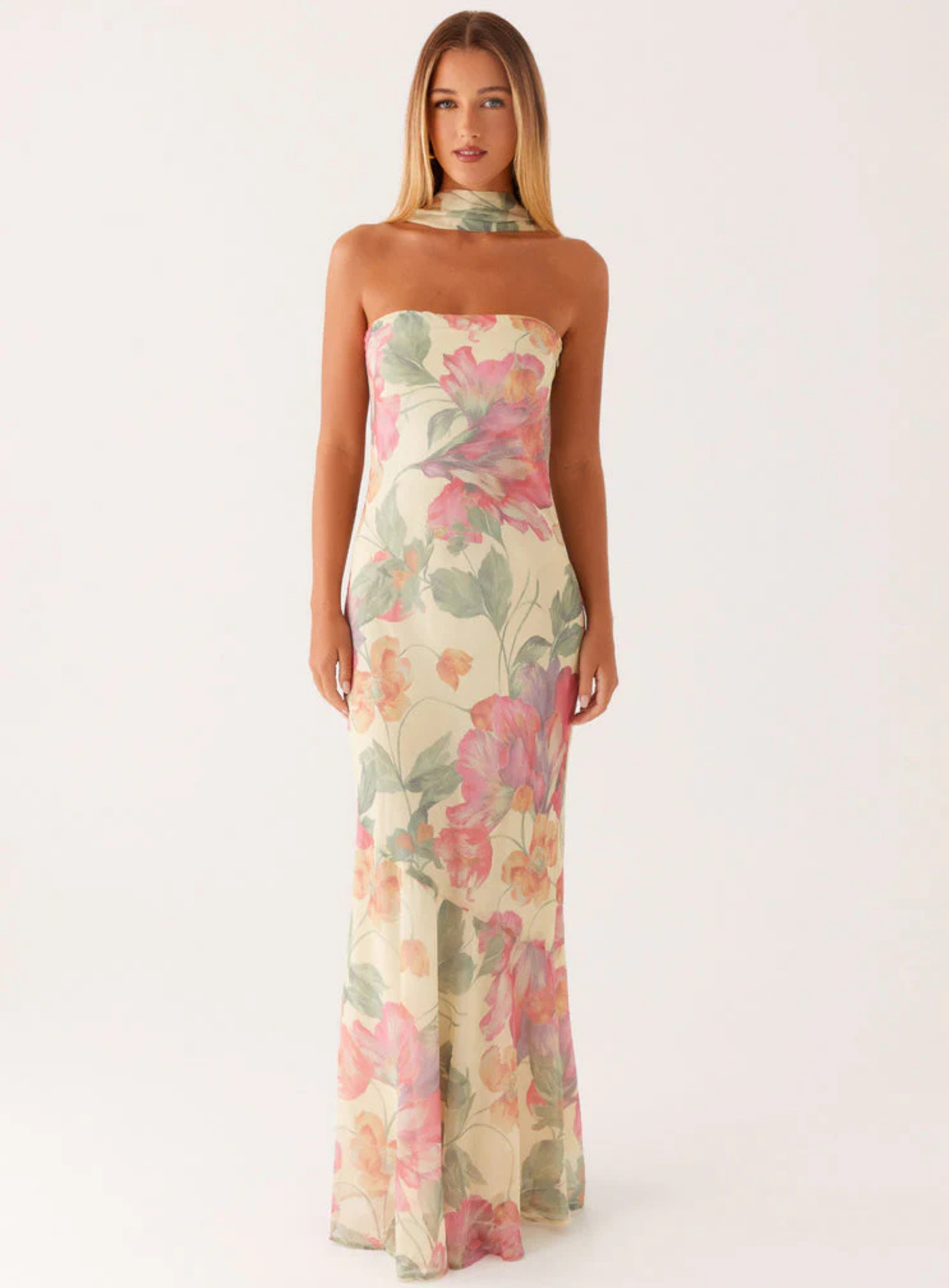 Carina – Elegant scarf detail – Strapless maxi dress