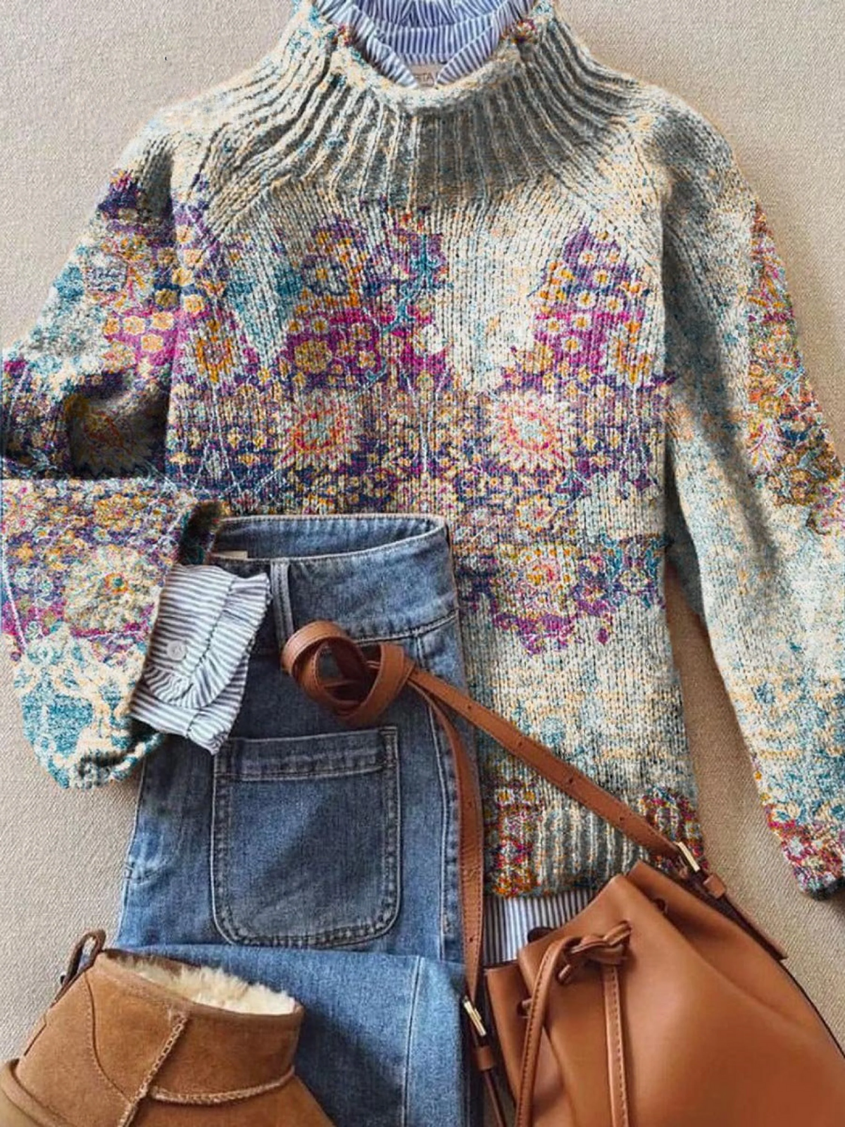 Celeste - Vintage Floral Art Print Knit Turtleneck Pullover Sweater