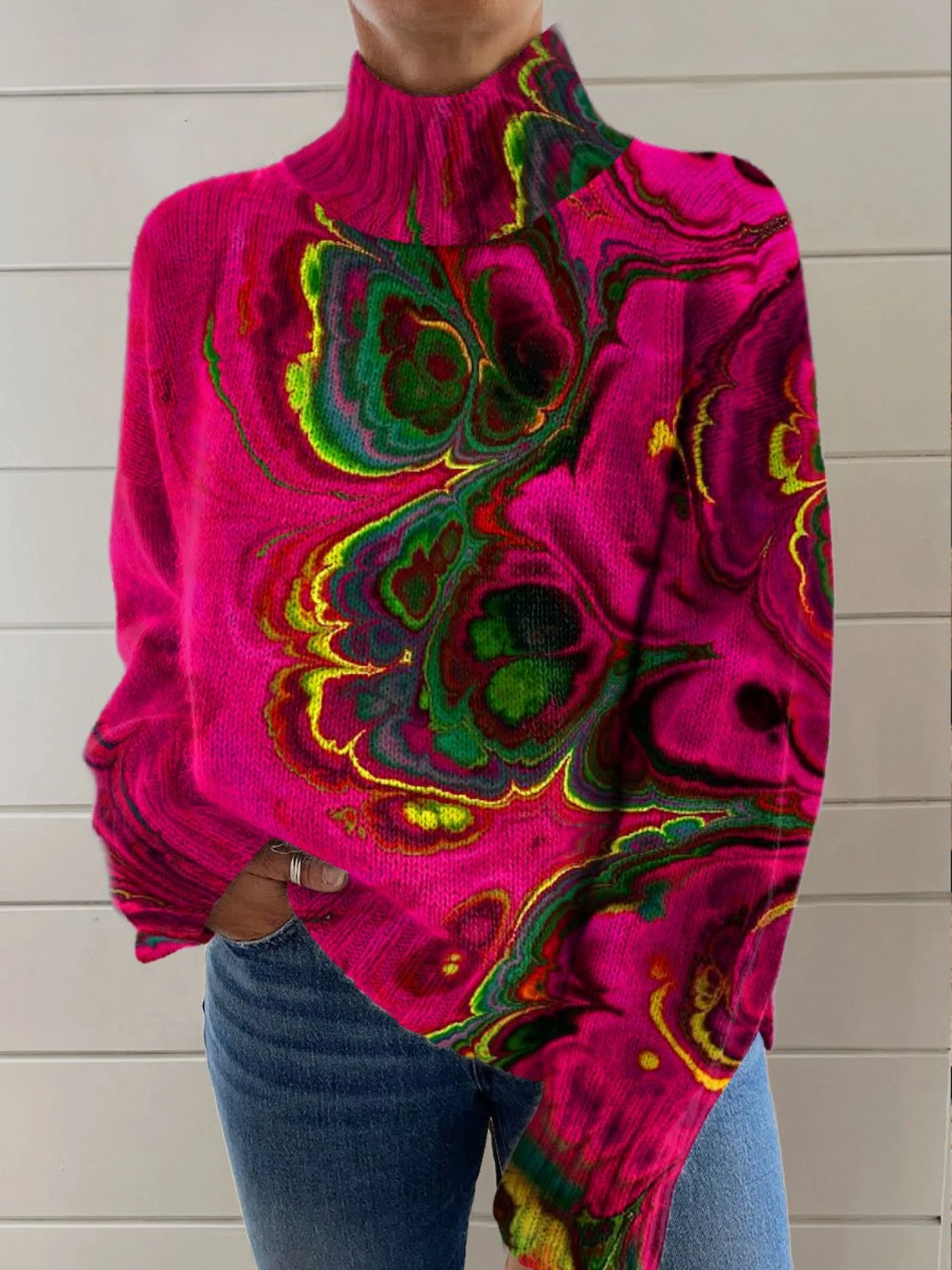 Cindy - Abstrct Art Print Knit Turtleneck Pullover Sweater