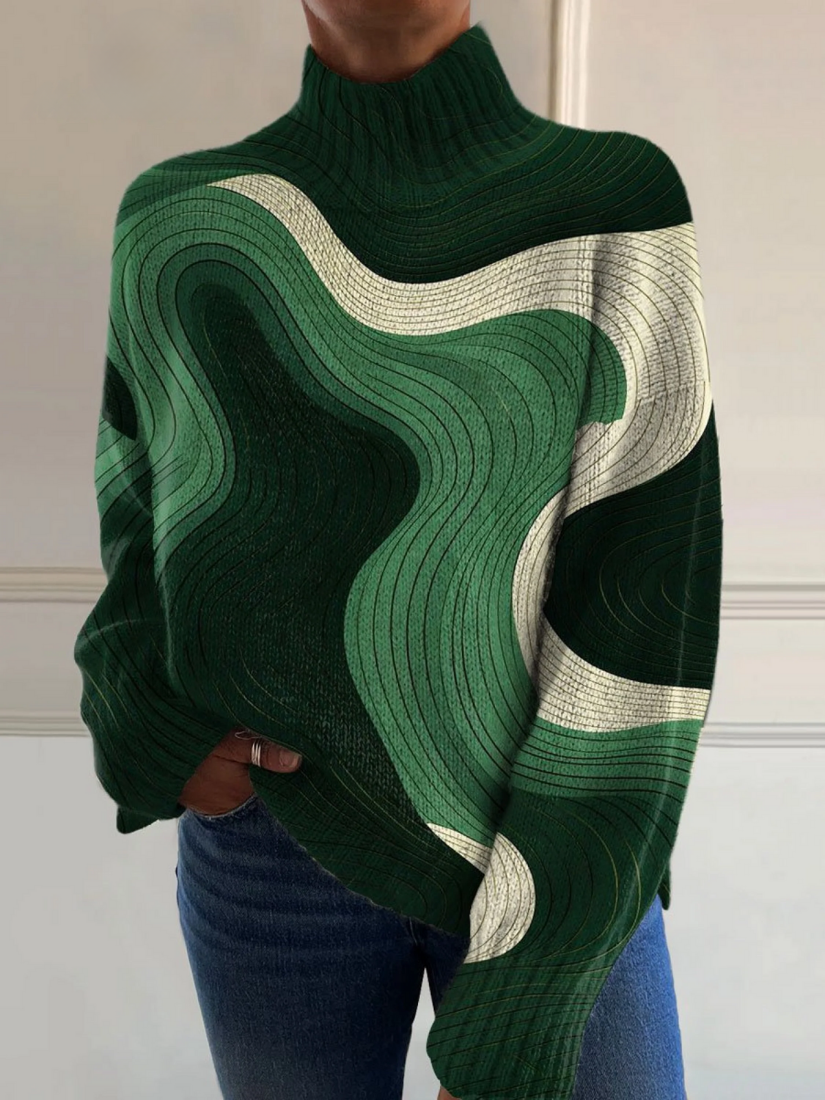 Daria - Vintage Green Color Block Wave Art Print Knit Turtleneck Pullover Sweater