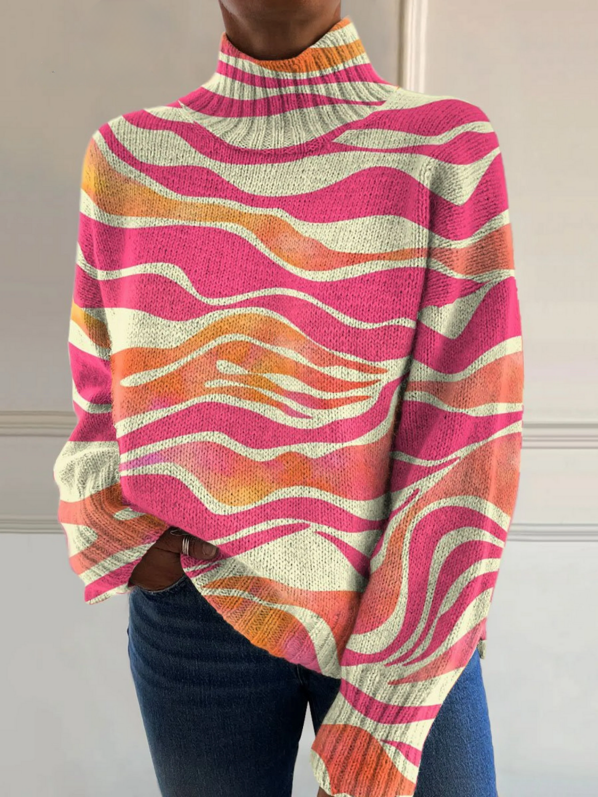 Delphine - Vintage Color Block Stripes Knit Turtleneck Pullover Sweater