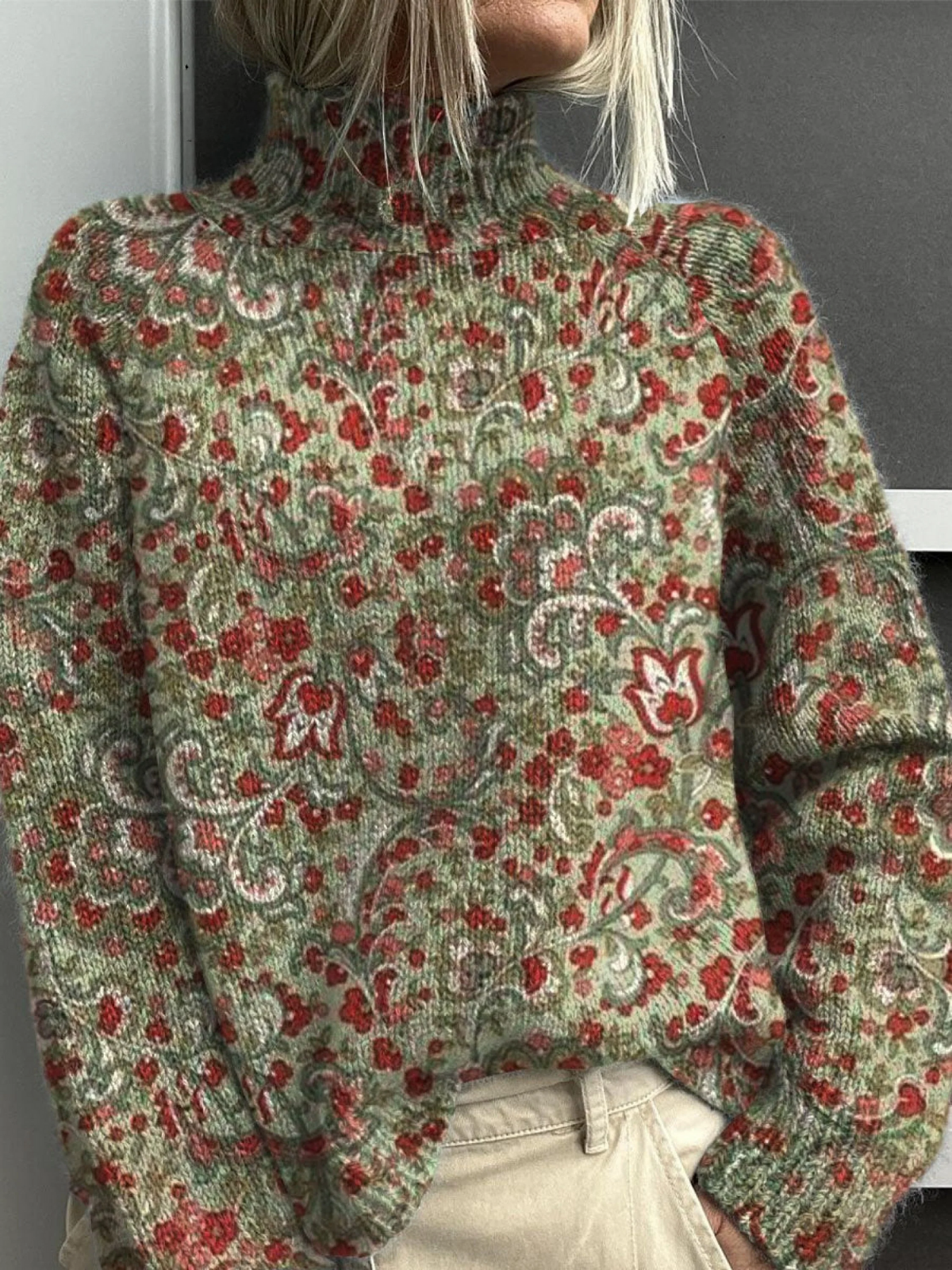 Elena - Retro Floral Print Knit Turtleneck Pullover Sweater