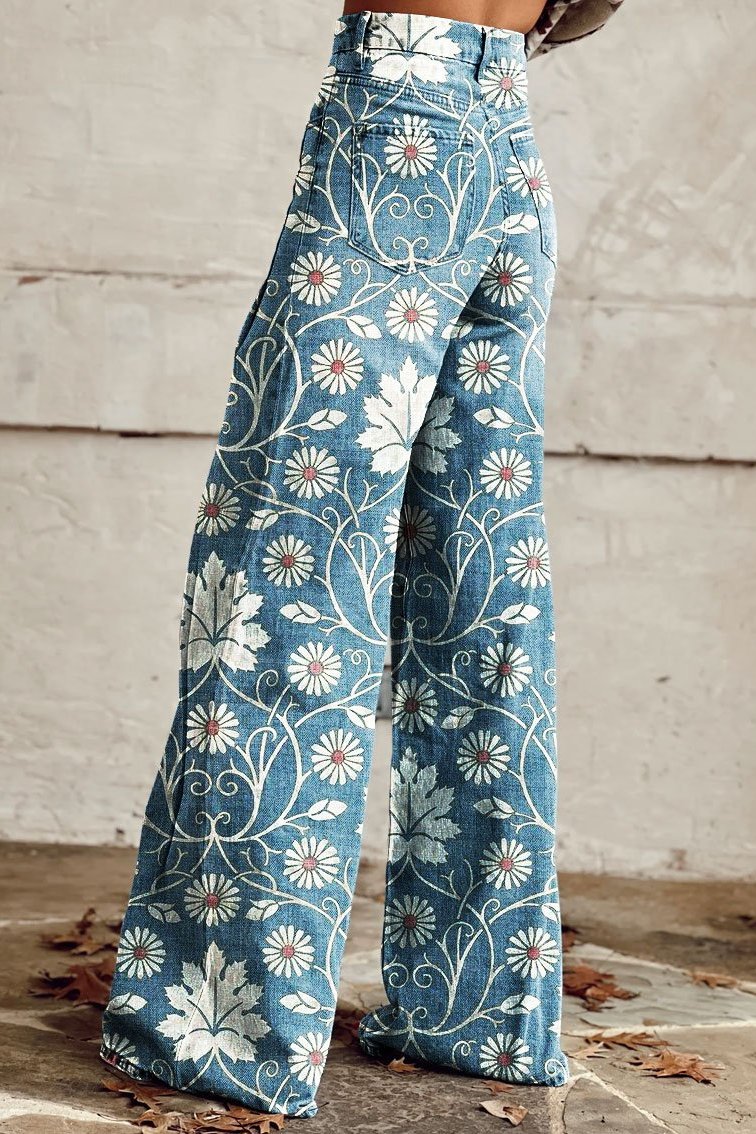 Elodie - Vintage Daisy Bloom Wide-Leg Pants