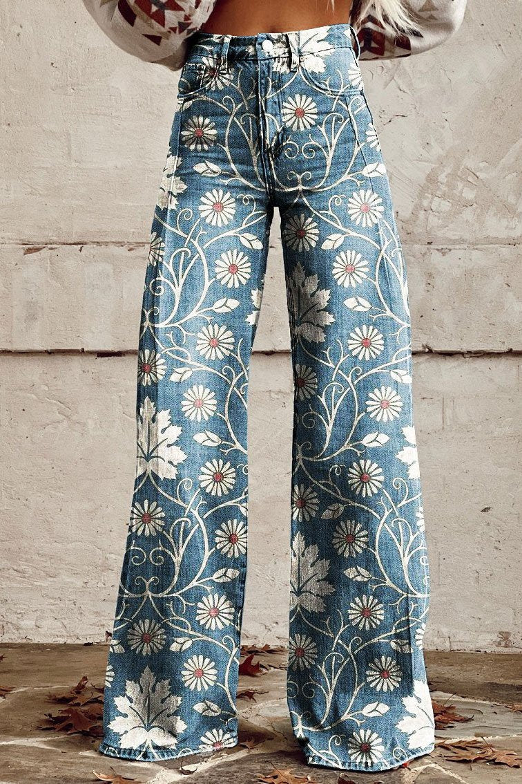 Elodie - Vintage Daisy Bloom Wide-Leg Pants