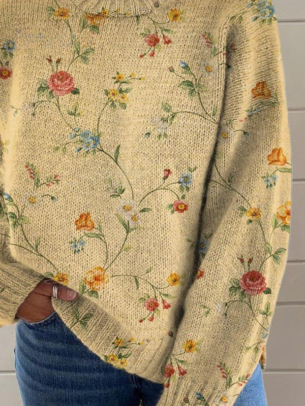 Elowen - Women's Lovely Floral Art Print Knit Turtleneck Pullover Sweater