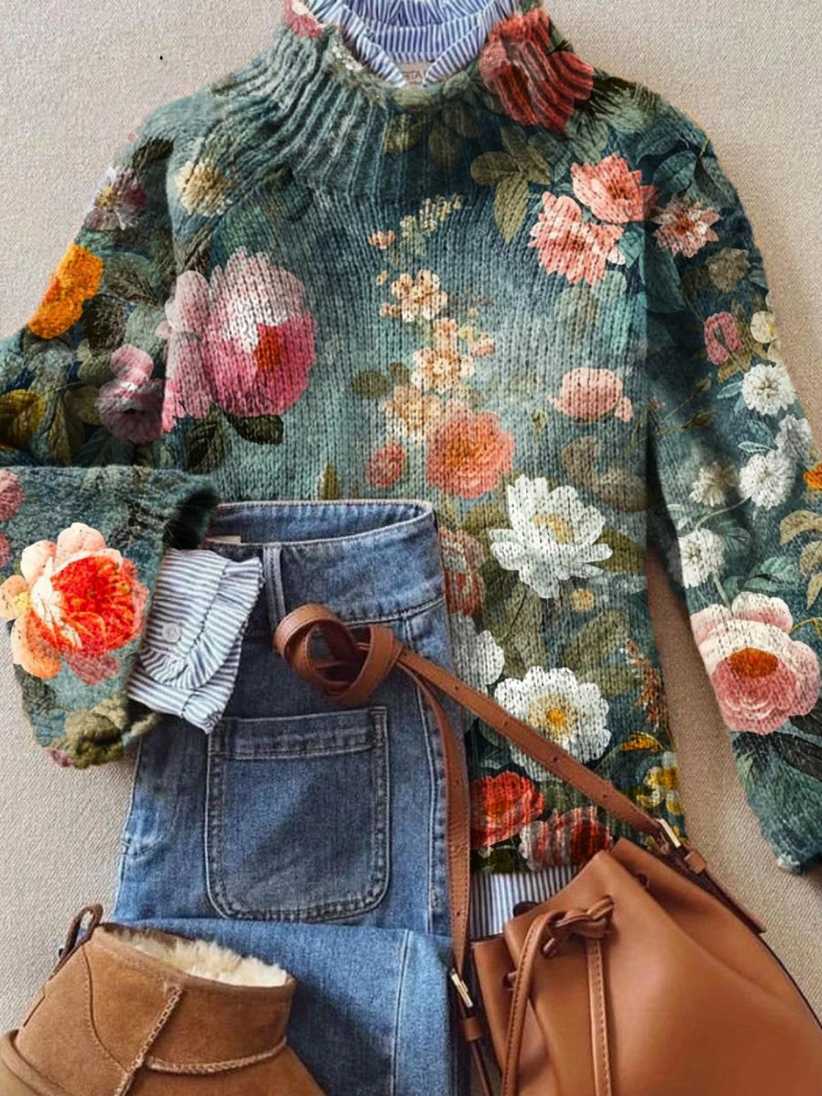 Evangeline - Vintage Floral Art Print Knit Turtleneck Pullover Sweater