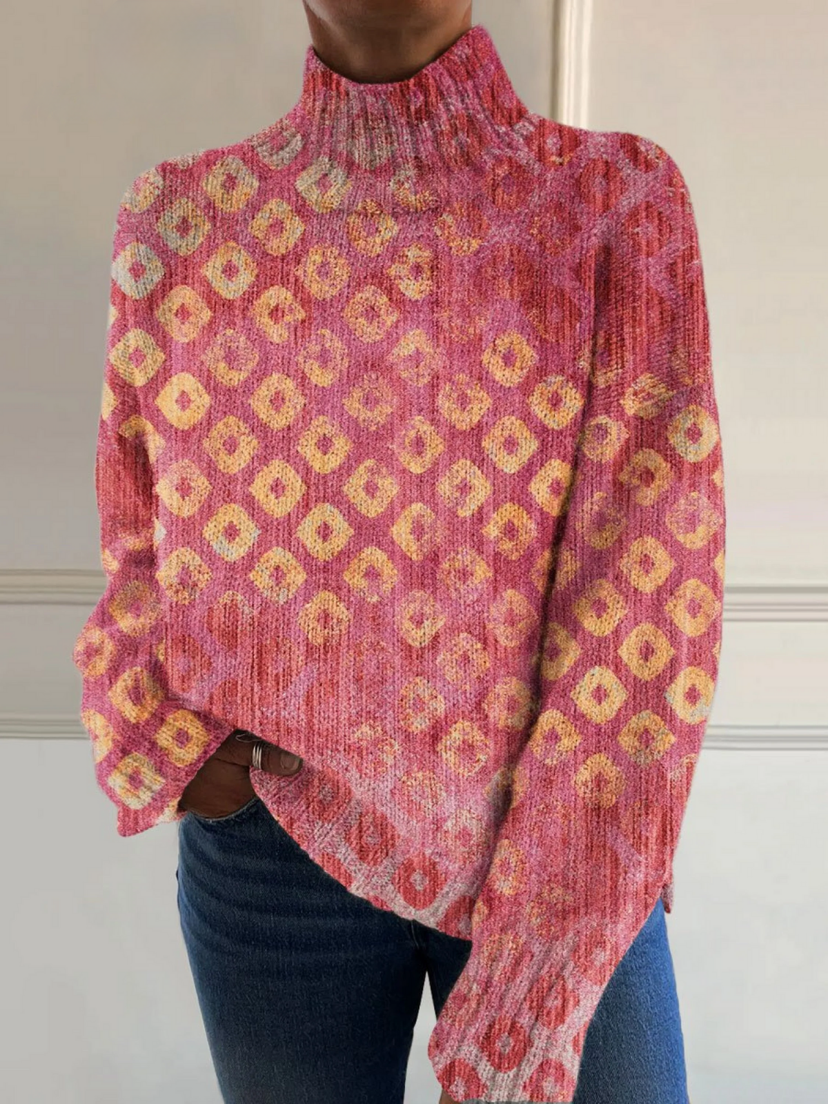 Ginna - Seraphina - Vintage Color Block Art Print Knit Turtleneck Pullover Sweater