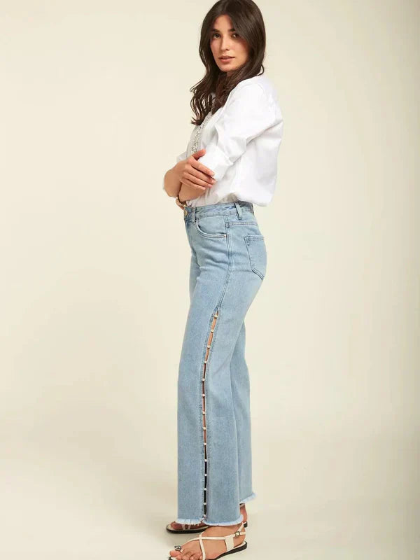 Giuliana – Pearl embellished – Wide leg jeans-10174844535111-Ivory Ombre