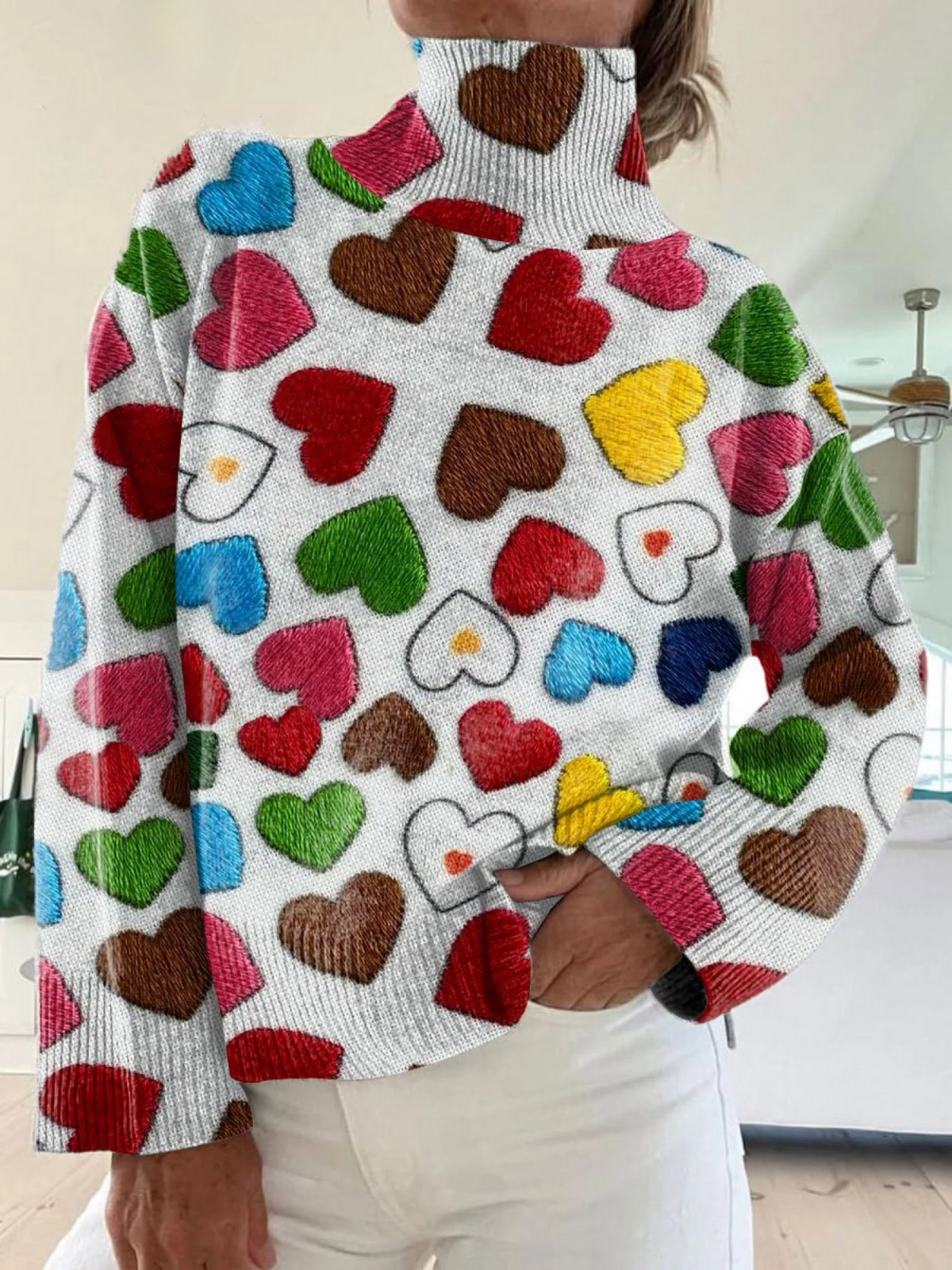 Isolde - Valentine's Day Art Love Print Knit Turtleneck Pullover Sweater