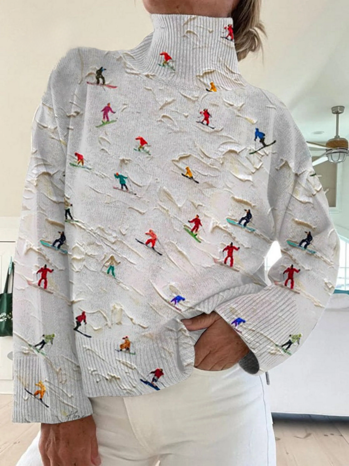 Jamela - Retro Apres Ski  Art Print Knit Turtleneck Pullover Sweater