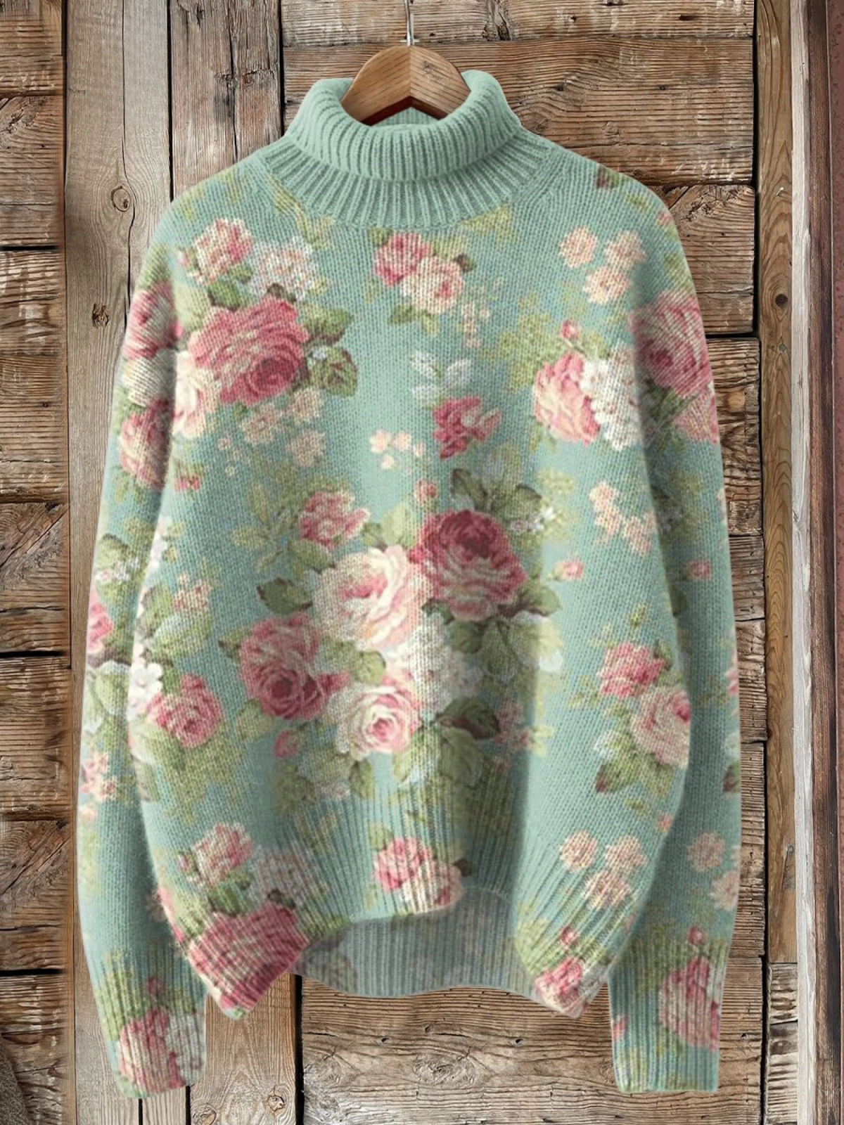 Jasmine - Fresh Retro Flowers Print Knit Turtleneck Pullover Sweater