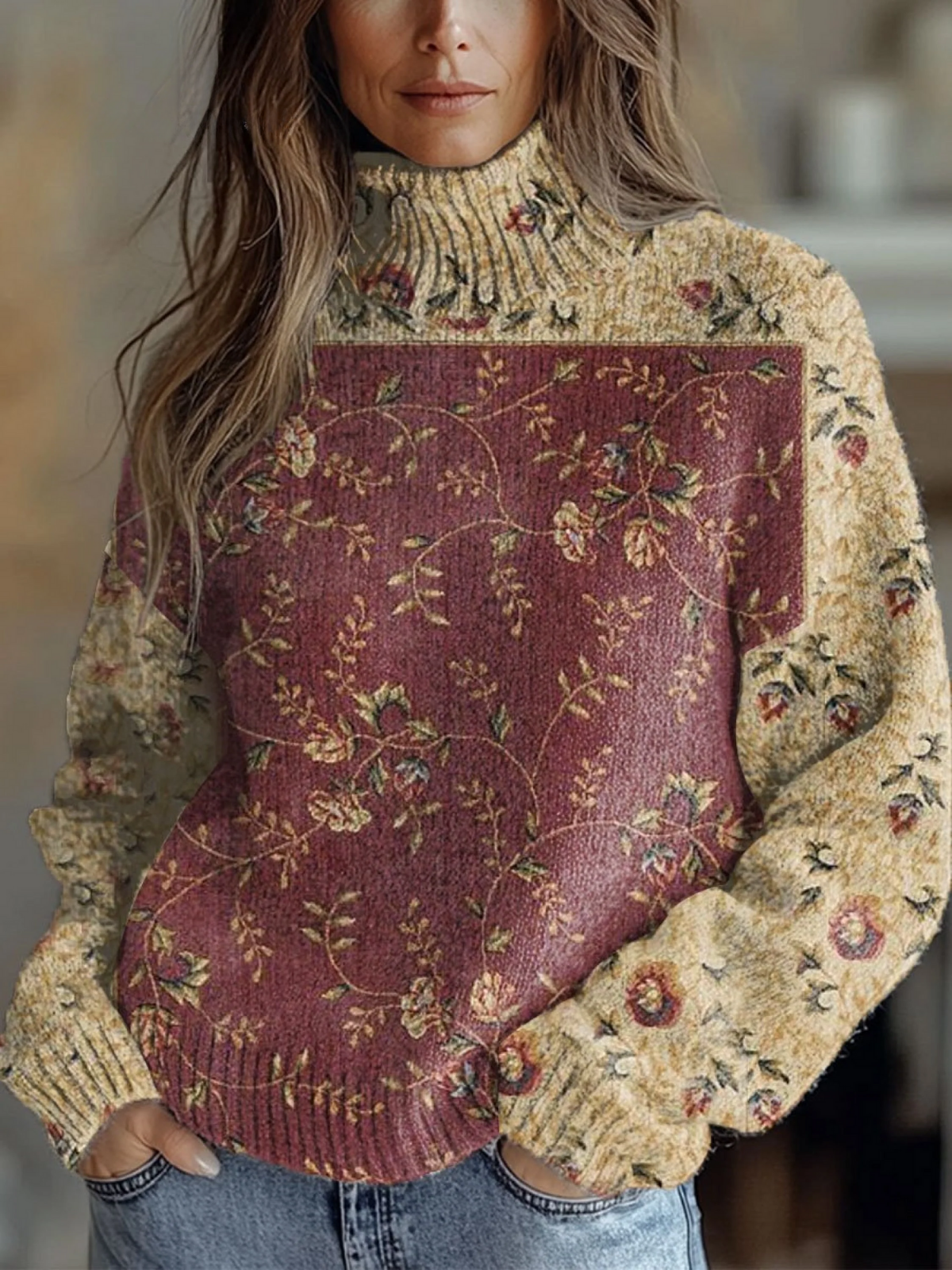 Jolina - Flowers Art Print Knit Turtleneck Pullover Sweater