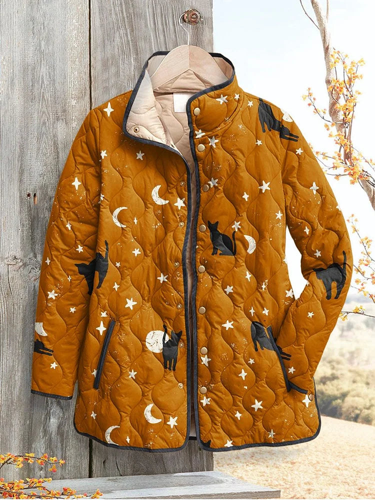Kelly - Casual Quilted Jacket with Black Cat Halloween Print