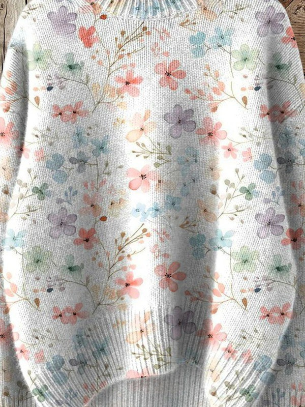 Liora - Lovely Floral Art Print Knit Turtleneck Pullover Sweater