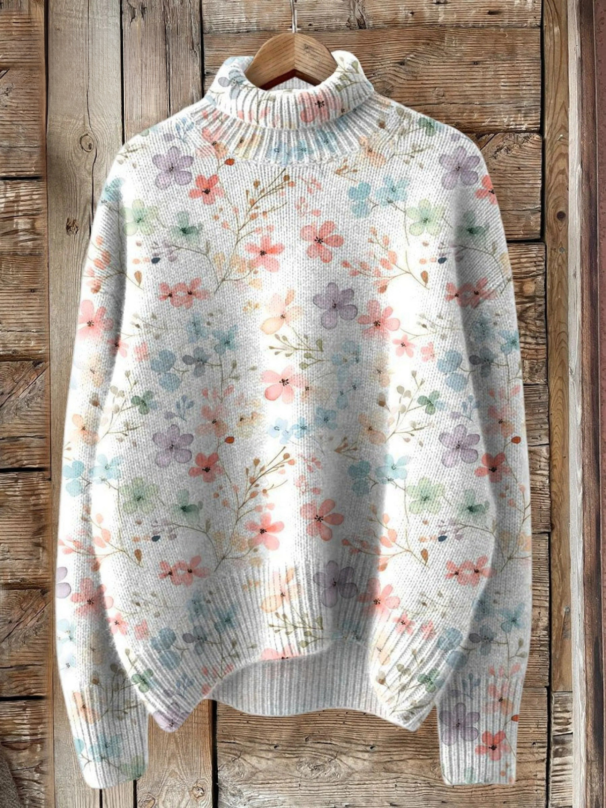 Liora - Lovely Floral Art Print Knit Turtleneck Pullover Sweater