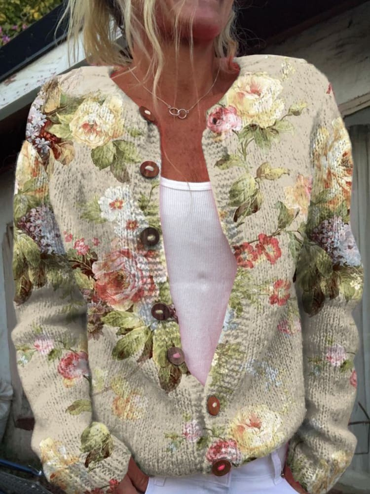 Loraine - Retro Fresh Flowers Print Buttoned Cardigan Sweater