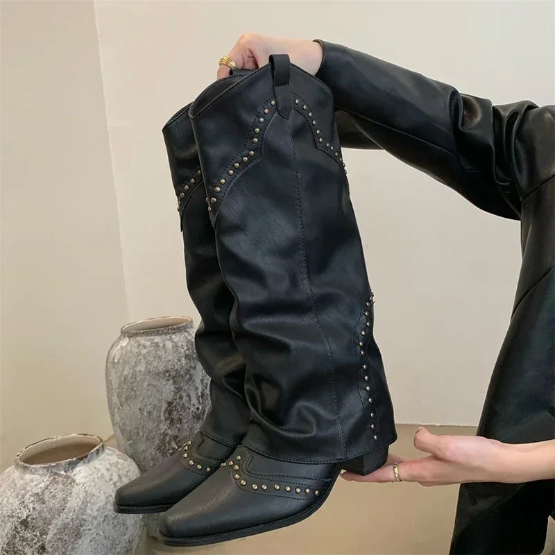 Marissa - Studded Slouch Western Boots