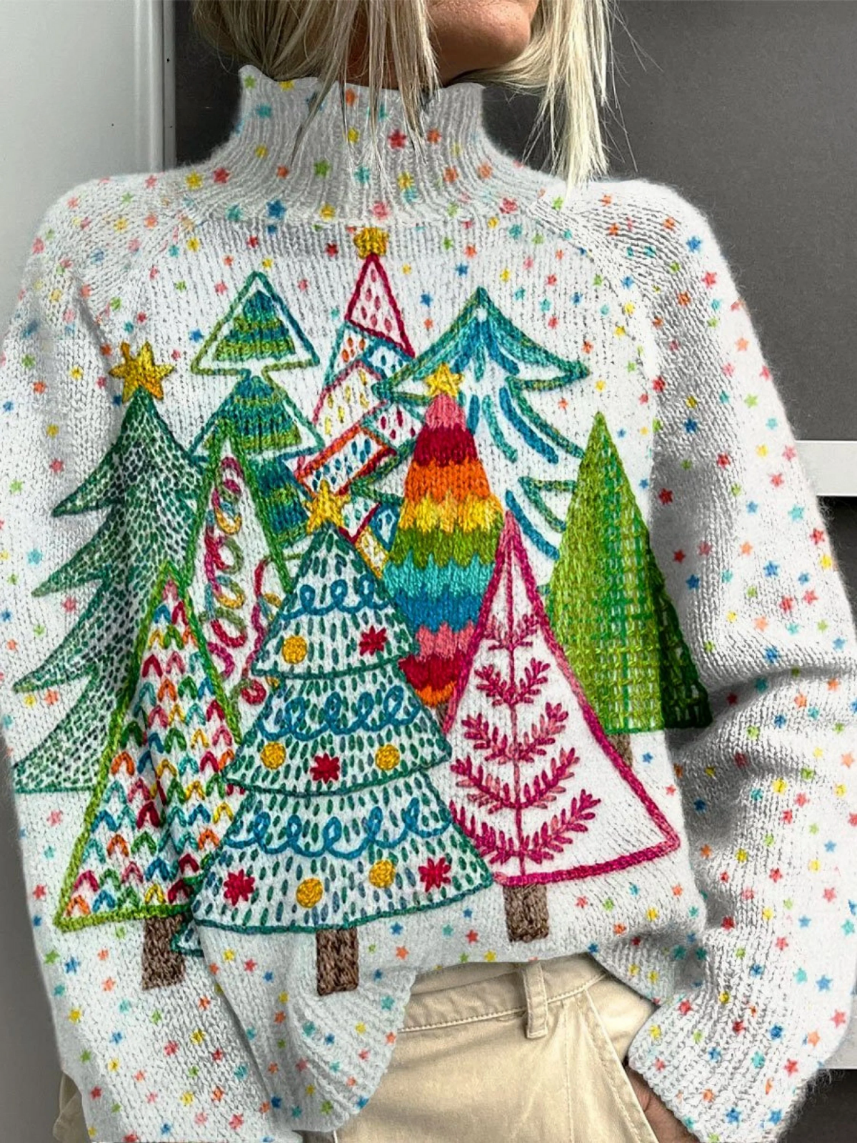 Marlene - Vintage ChristmasTree Print Knit Turtleneck Pullover Sweater