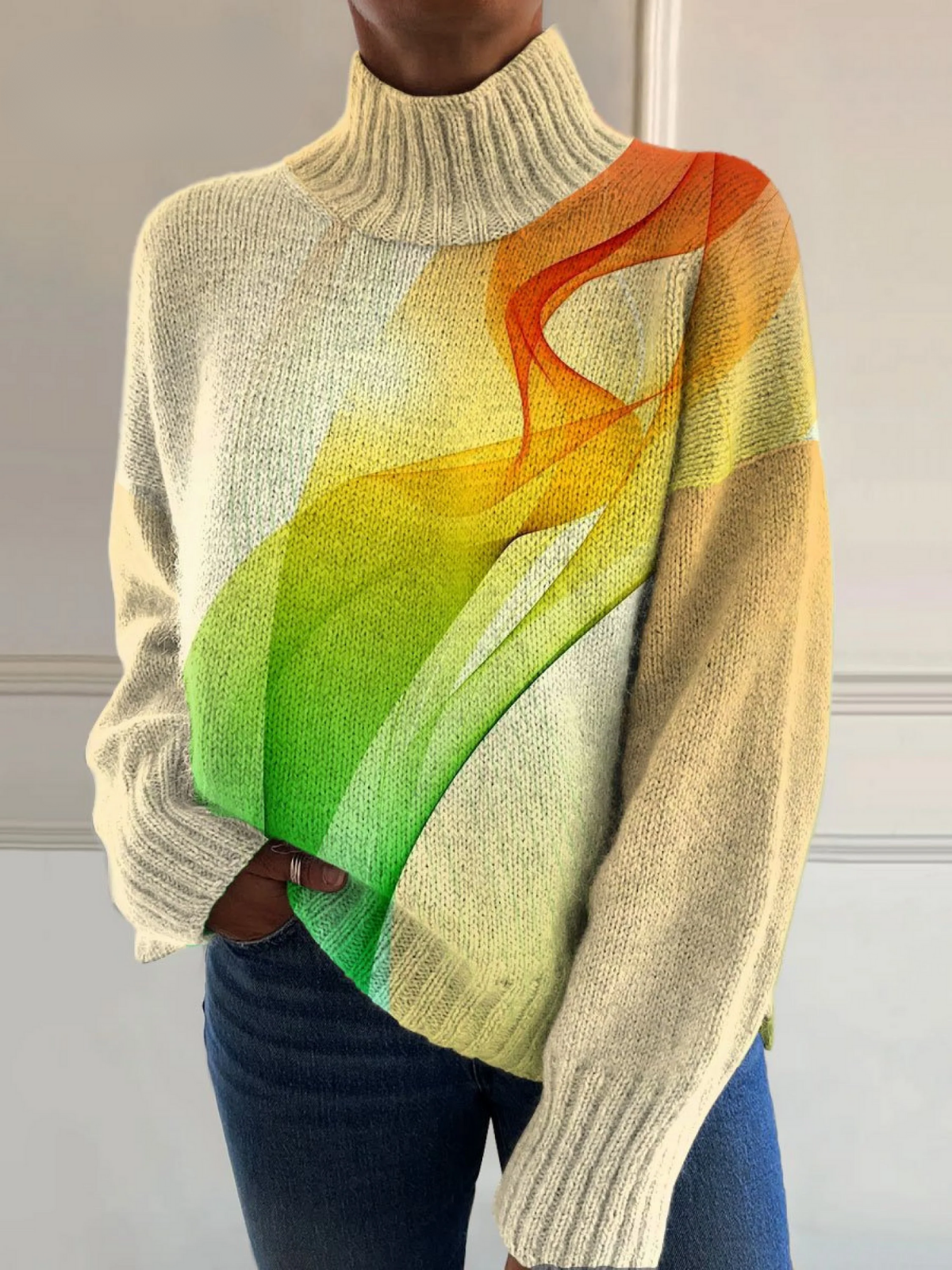 Melissa - Colorful Line Art Print Knit Turtleneck Pullover Sweater