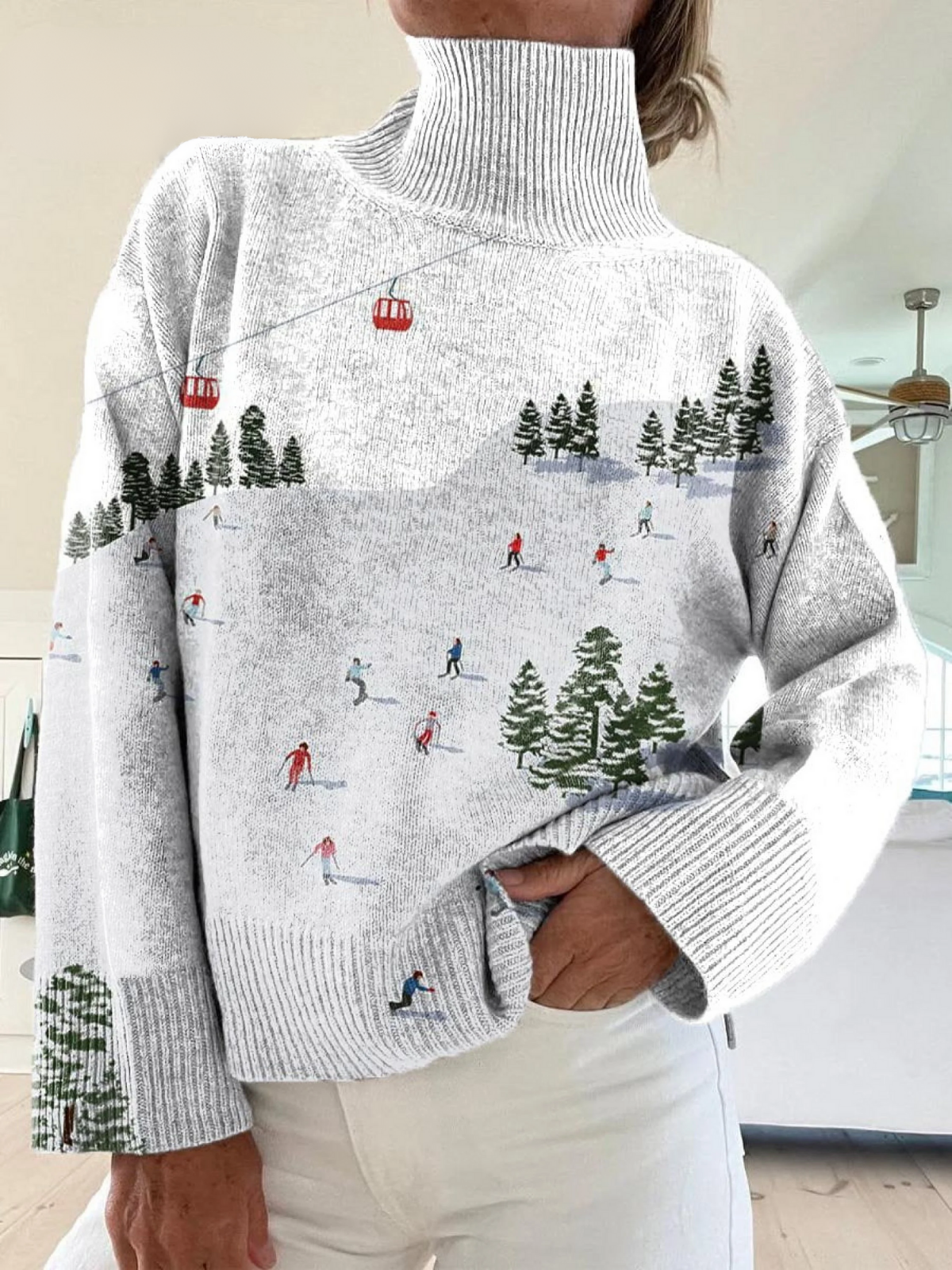 Miriam - Women's Ski Pattern Art Print Knit Turtleneck Pullover Sweater