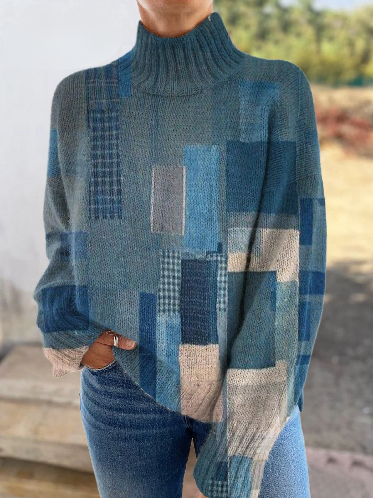 Nancy - Vintage Distressed Patchwork Print Knit Turtleneck Pullover Sweater