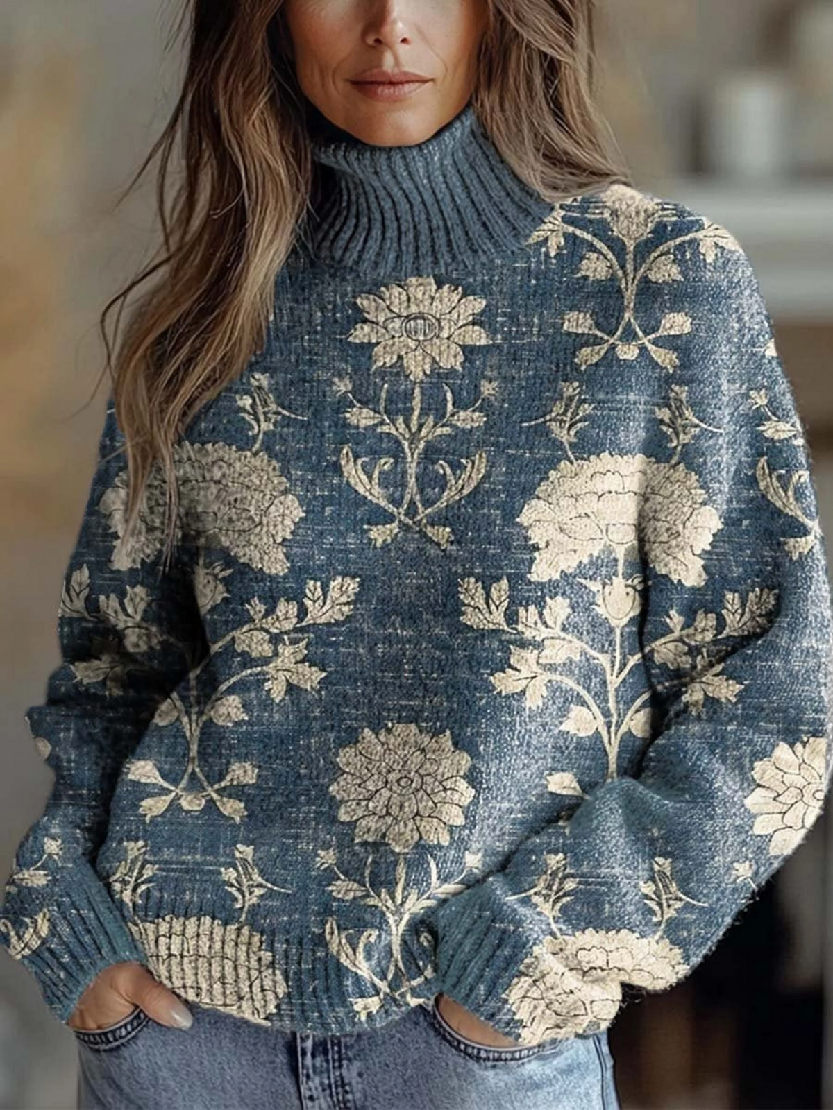 Olivia - Women's Vintage Lovely Floral Art Print Knit Turtleneck Pullover Sweater