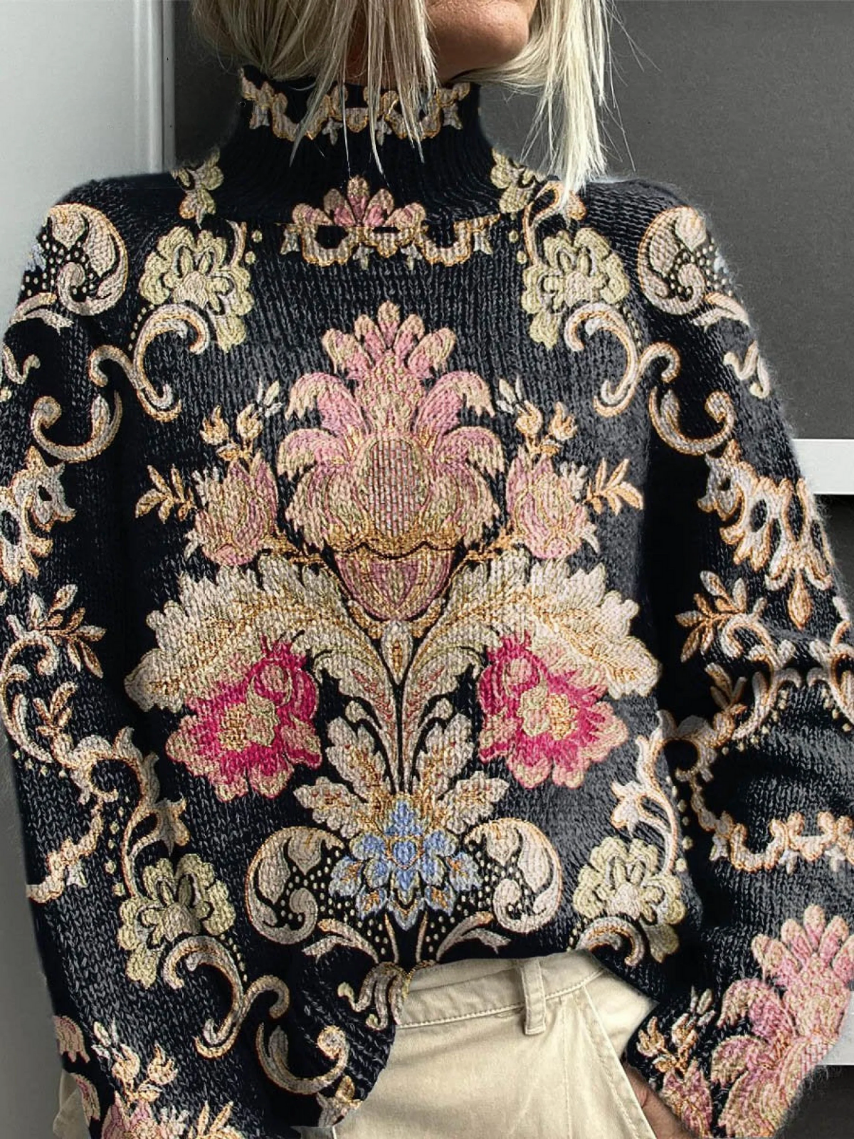 Oriana - Women's Vintage Lovely Floral Art Print Knit Turtleneck Pullover Sweater