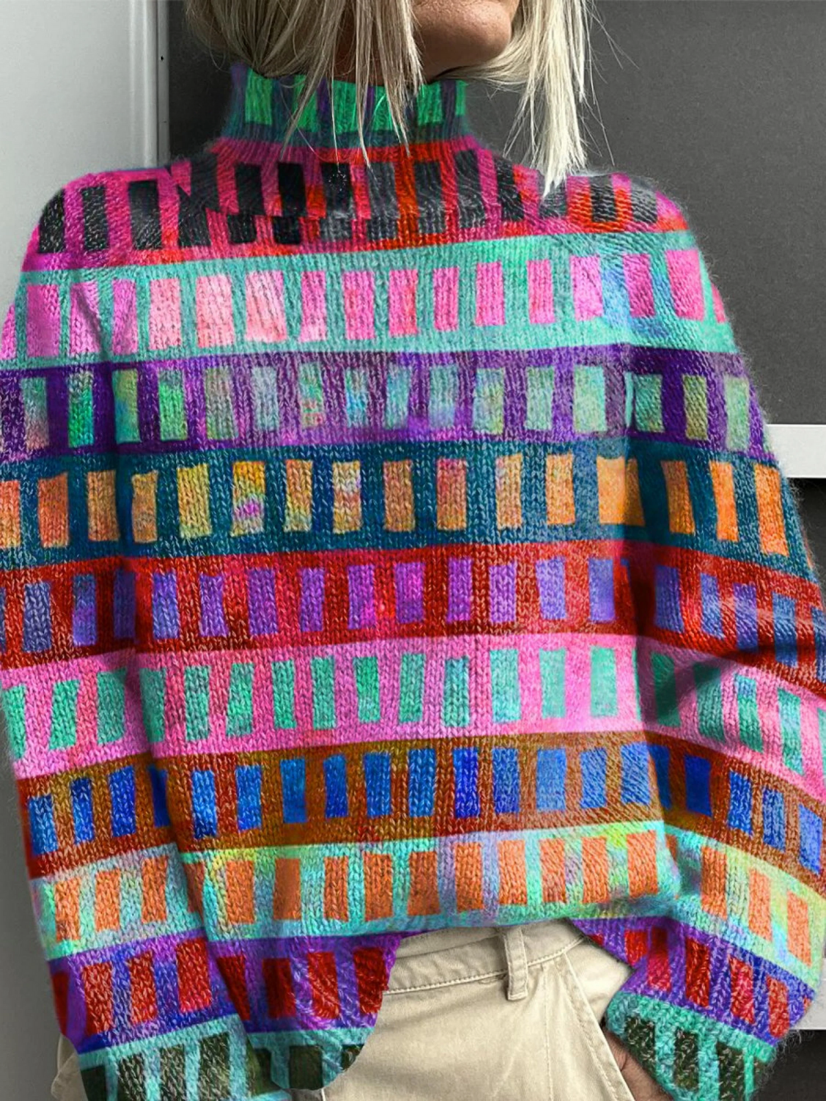 Sammy - Colored Square Stripes Print Knit Turtleneck Pullover Sweater
