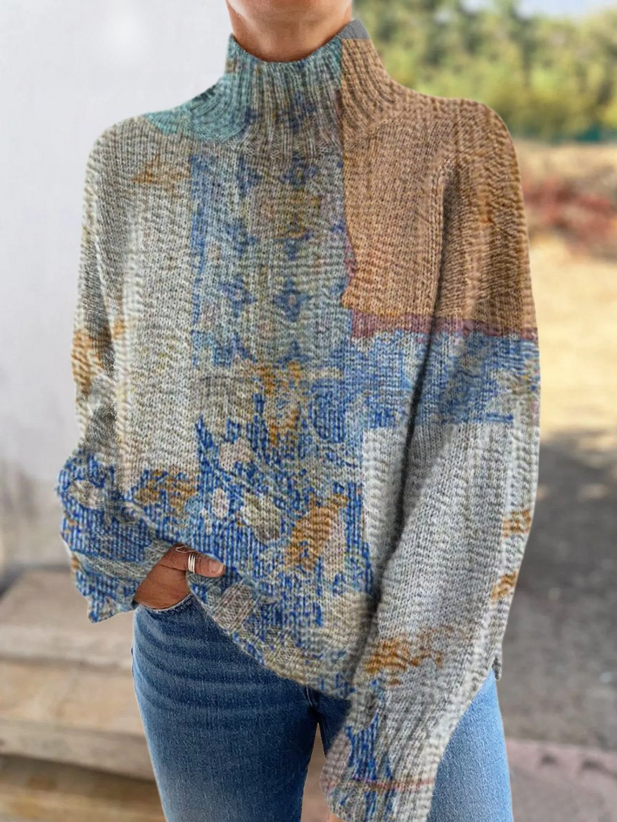 Sandy - Vintage Patchwork Print Knit Turtleneck Pullover Sweater