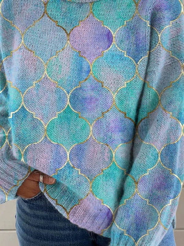 Seren - Abstract Geometric Pattern Art Print Knit Turtleneck Pullover Sweater