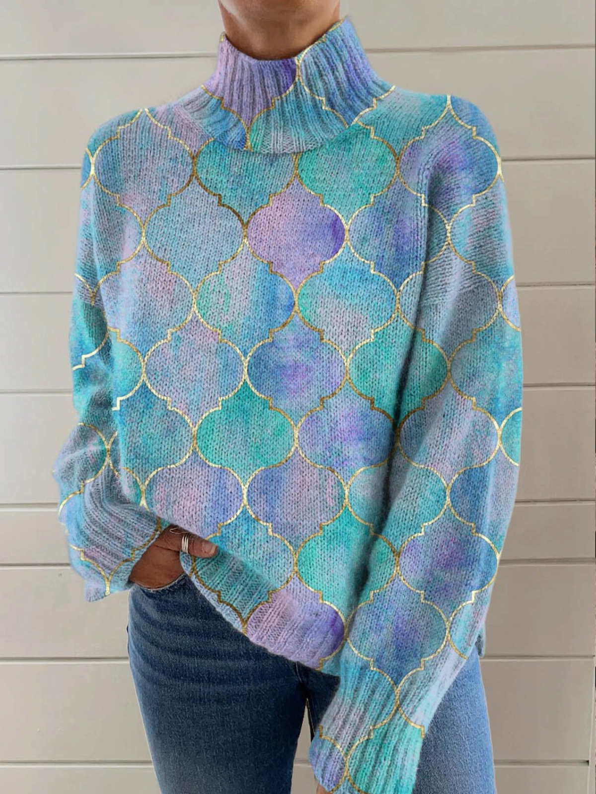 Seren - Abstract Geometric Pattern Art Print Knit Turtleneck Pullover Sweater