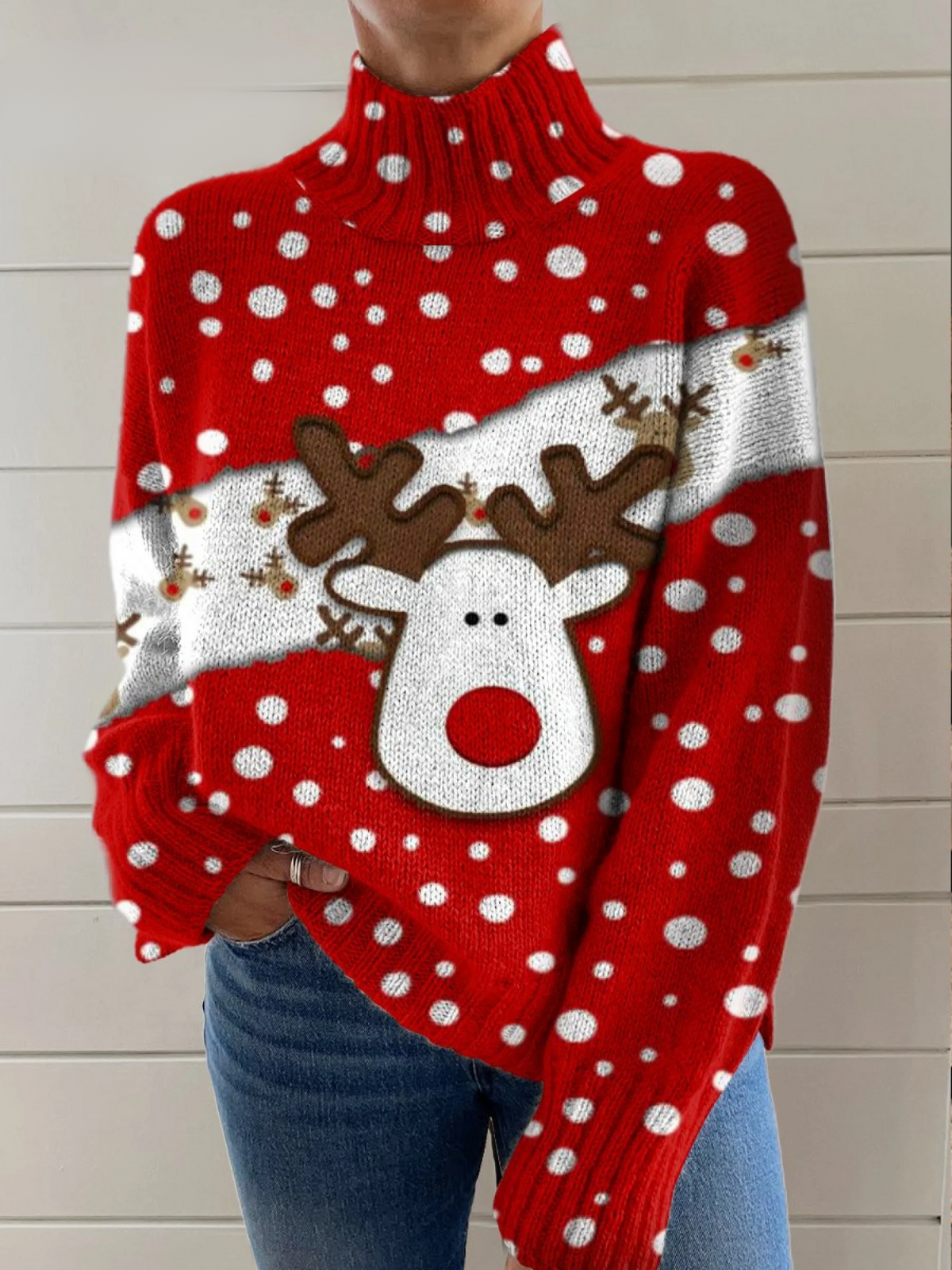 Shara - Christmas Red Polka Dot Cute Elk Print Knit Turtleneck Pullover Sweater