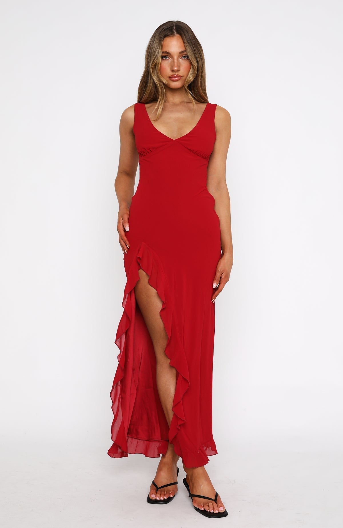 Solivanna – Ruffle slit – Maxi evening dress