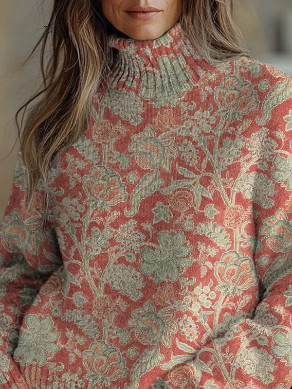Sylvie - Watercolor Retro Floral Pattern Printed Knit Turtleneck Pullover Sweater