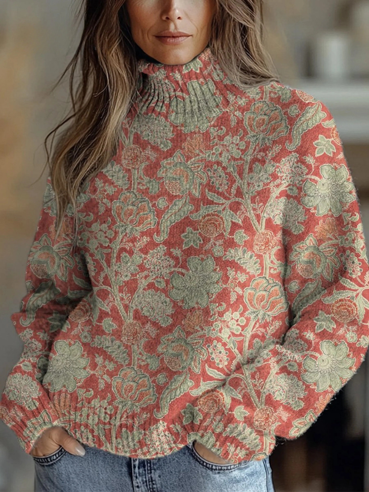 Sylvie - Watercolor Retro Floral Pattern Printed Knit Turtleneck Pullover Sweater