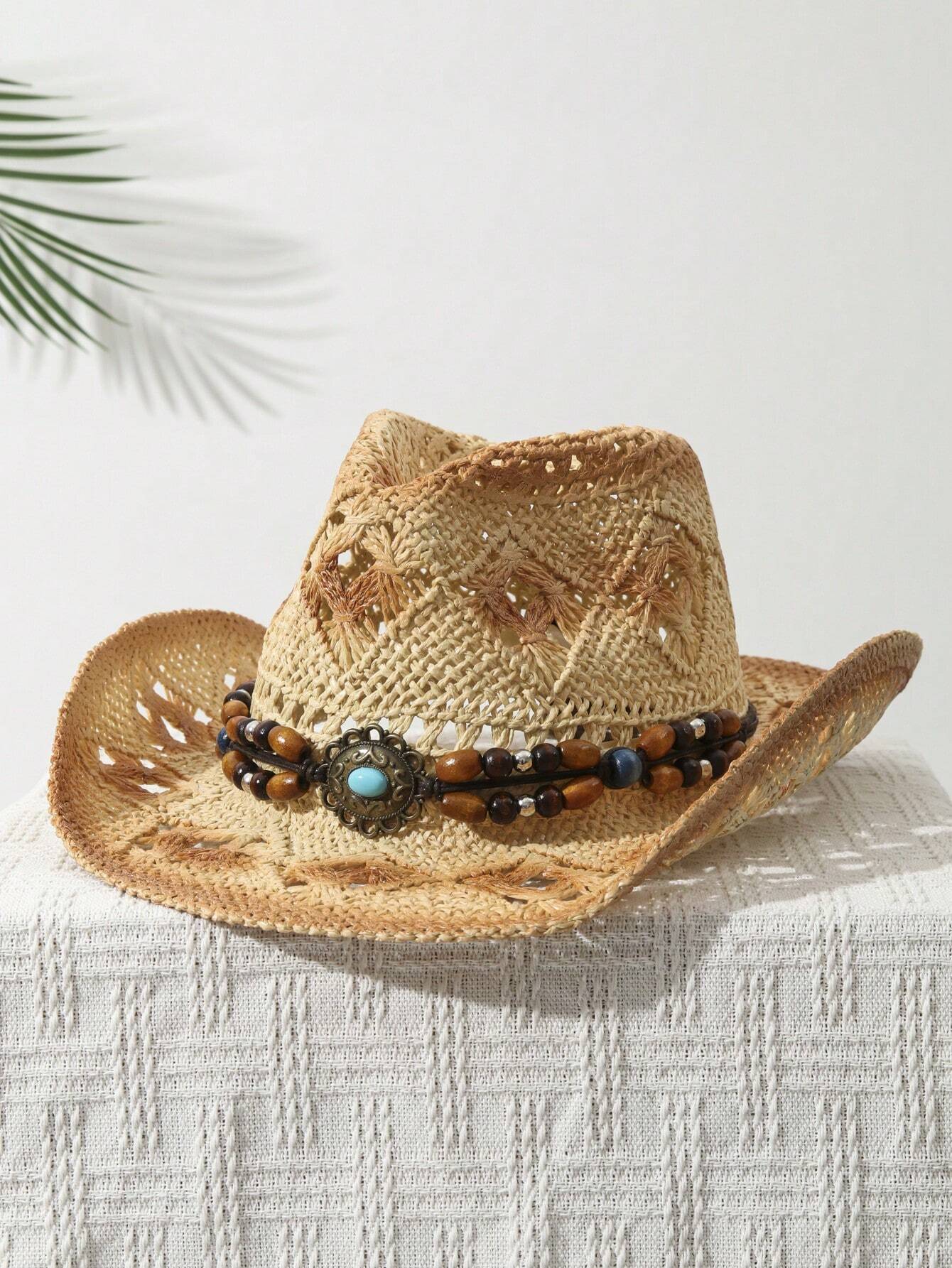 Tessalyn – Turquoise beaded – Straw cowboy hat-10174849646919-Ivory Ombre